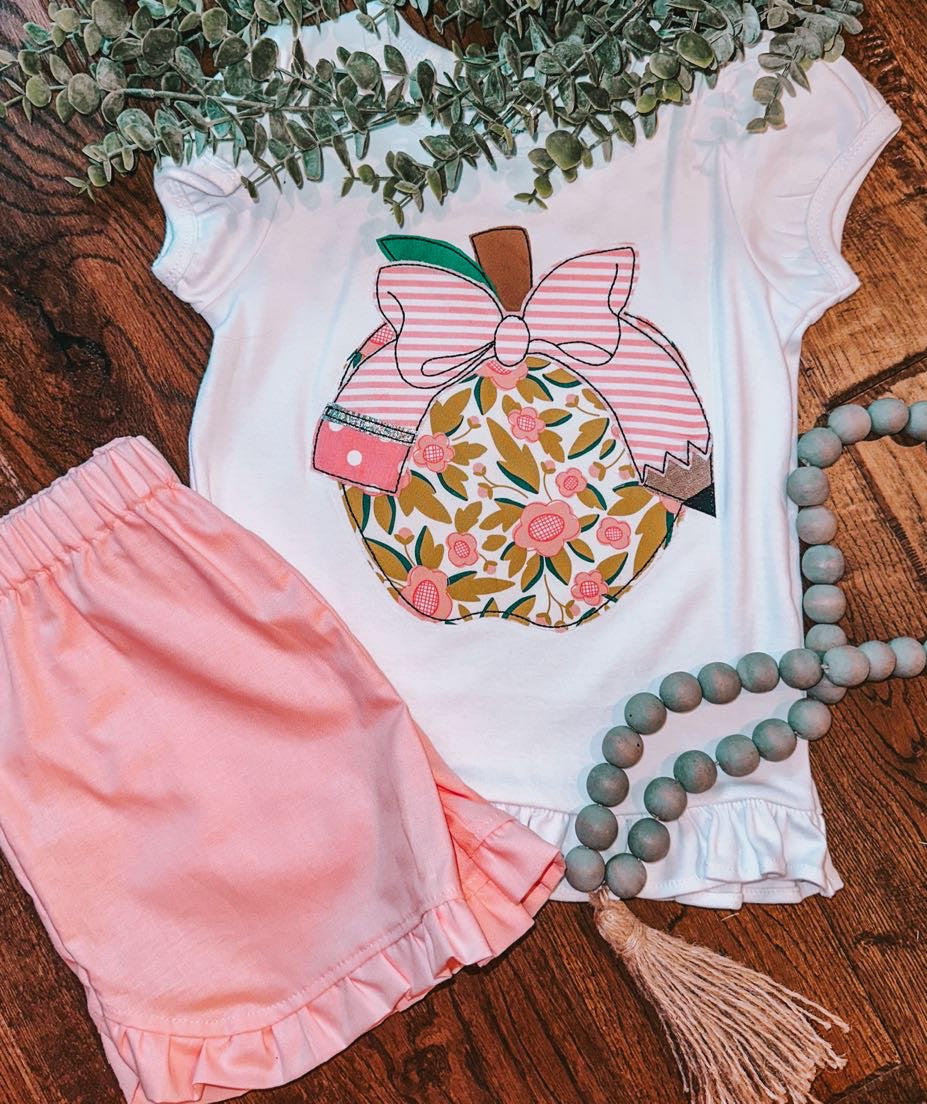 Floral Apple Pencil Bow Shirt & Pink Shorts