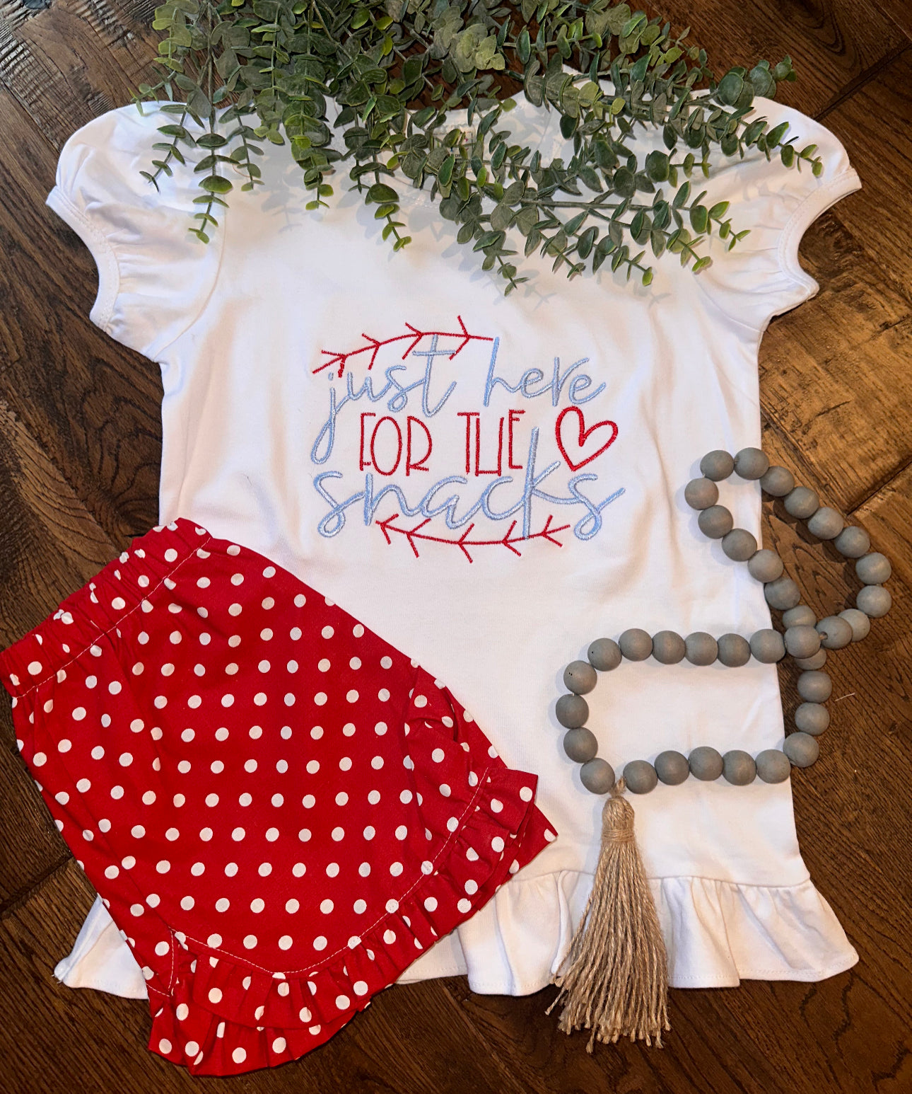 “Just here for the snacks” baseball with red polkadot shorts