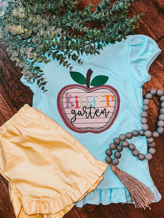 Kindergarten Multicolor letter Apple Shirt and Yellow small Polkadot shorts