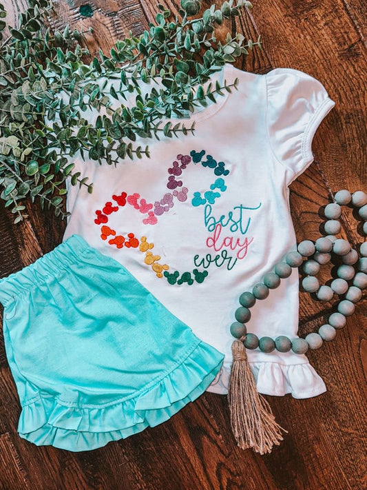 Multi color BEST DAY EVER with light blue shorts