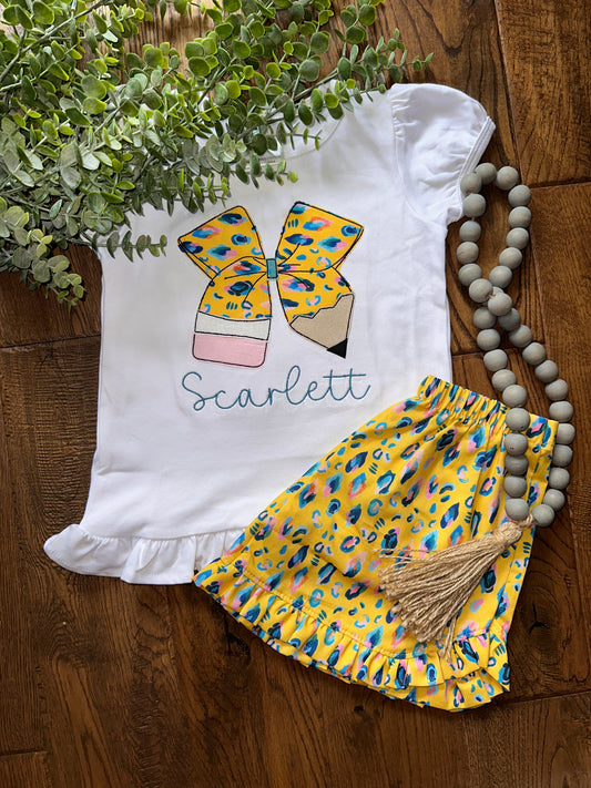 Yellow cheetah bow pencil with name shirt and Shorts